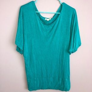 Blue flowy, fitted at the waist shirt